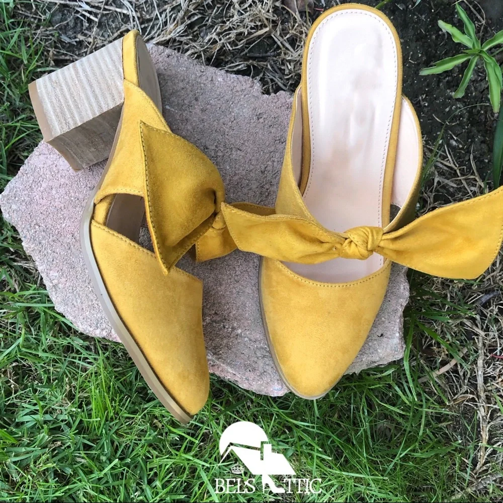 Mustard Stacked Leather Block Heel Bow Mule - Picture 6 of 9
